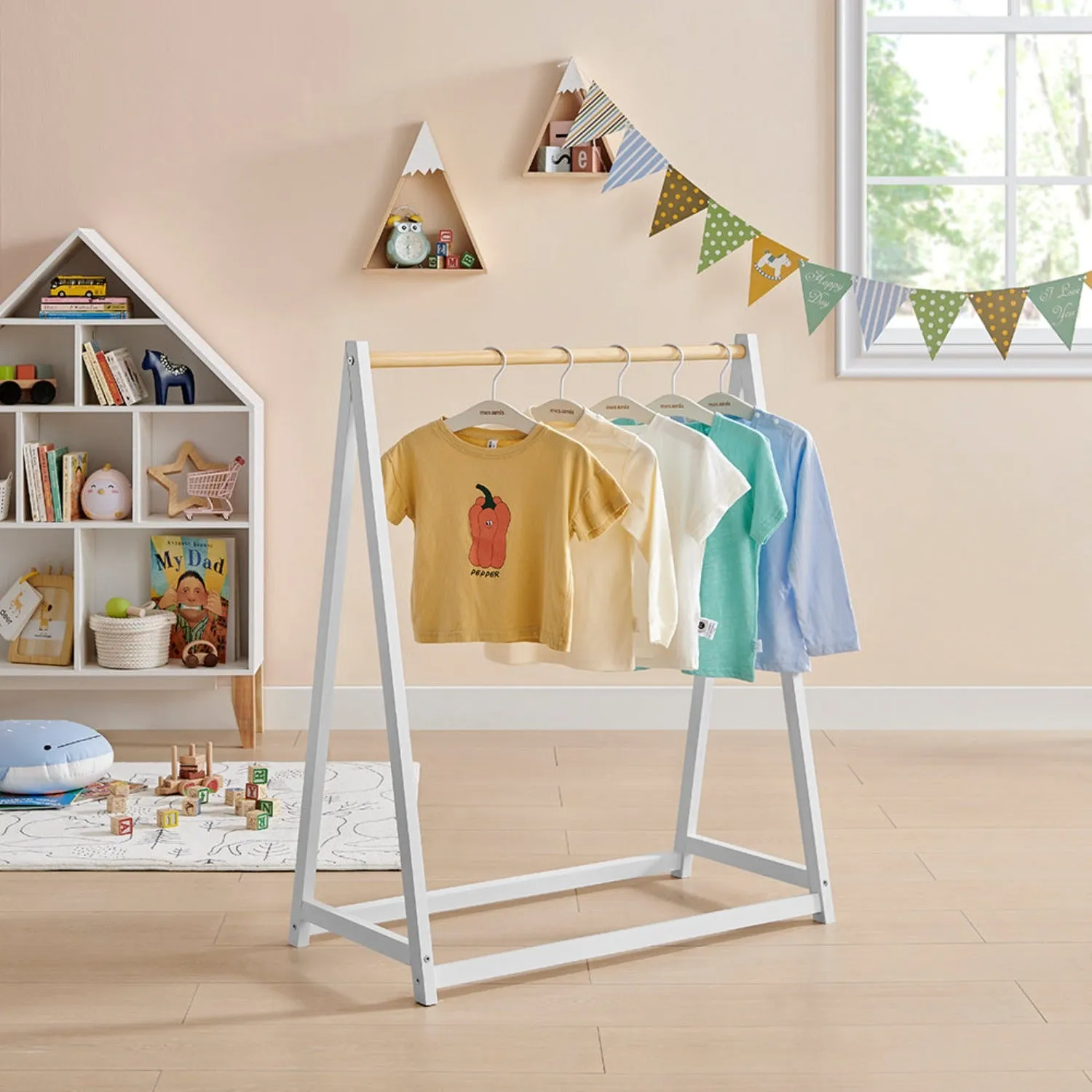 100% Eco Natural Pine Wooden Montessori Clothes Rail | Dress Up Rail | Natural/White | 96cm high