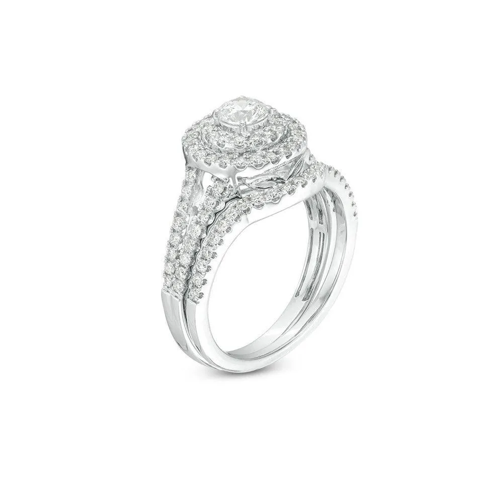 14K White Gold 1.00TDW Diamond Double Round Halo Wedding Set