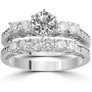 14K White Solid Gold Beautiful Womens Diamond Multi Stone Bridal Ring Set 2.6 Ctw
