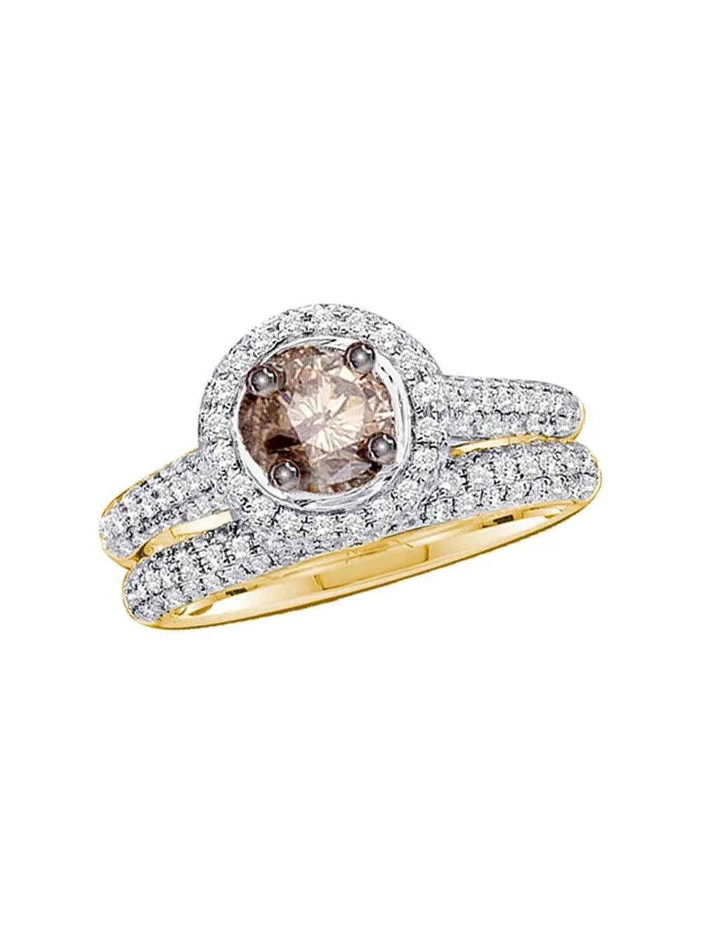 14kt Yellow Gold Womens Round Brown Diamond Bridal Wedding Ring Band Set Size 8