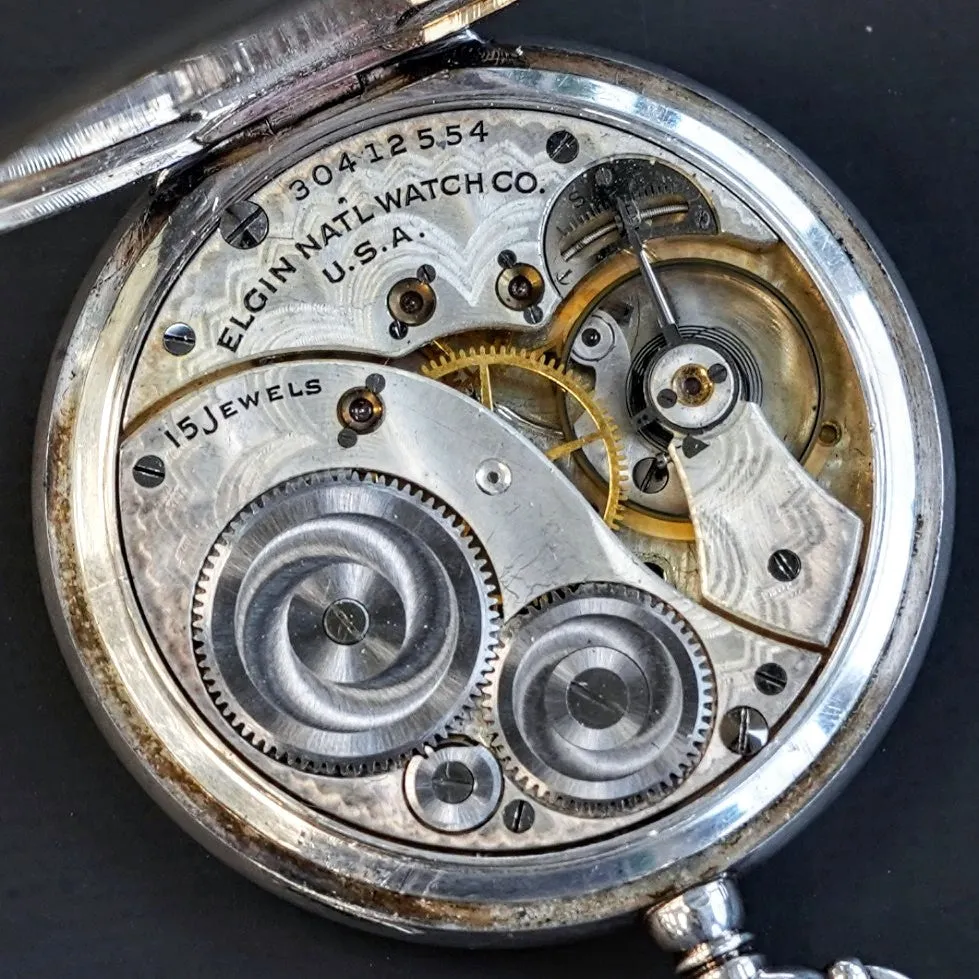 1928 ELGIN Dress Pocket Watch 12s Openface Grade 315 15 Jewels 925 Sterling Silver Case Decorated Dial
