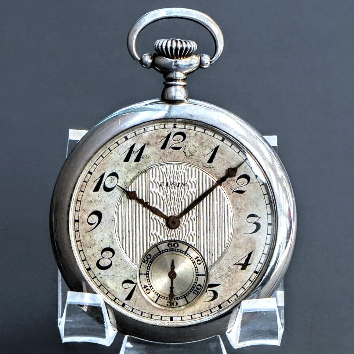 1928 ELGIN Dress Pocket Watch 12s Openface Grade 315 15 Jewels 925 Sterling Silver Case Decorated Dial