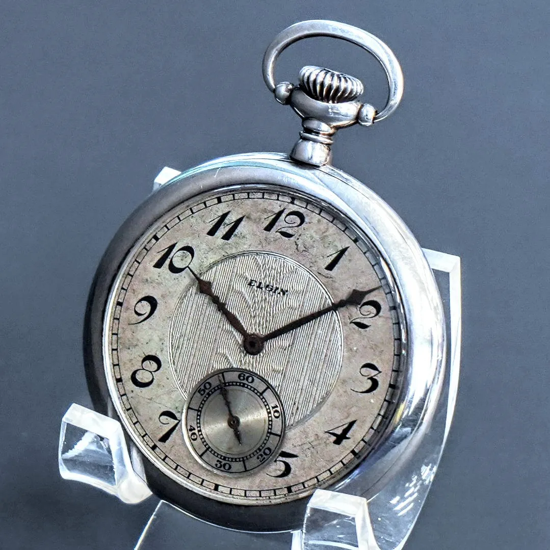 1928 ELGIN Dress Pocket Watch 12s Openface Grade 315 15 Jewels 925 Sterling Silver Case Decorated Dial
