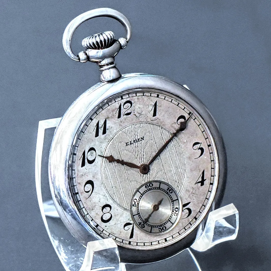 1928 ELGIN Dress Pocket Watch 12s Openface Grade 315 15 Jewels 925 Sterling Silver Case Decorated Dial