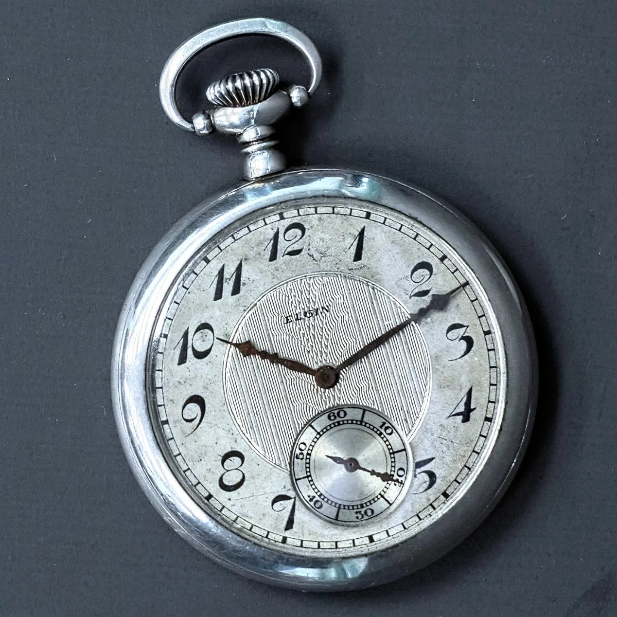1928 ELGIN Dress Pocket Watch 12s Openface Grade 315 15 Jewels 925 Sterling Silver Case Decorated Dial