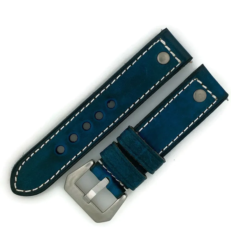 22MM Wax Vintage Blue Leather Watch Band