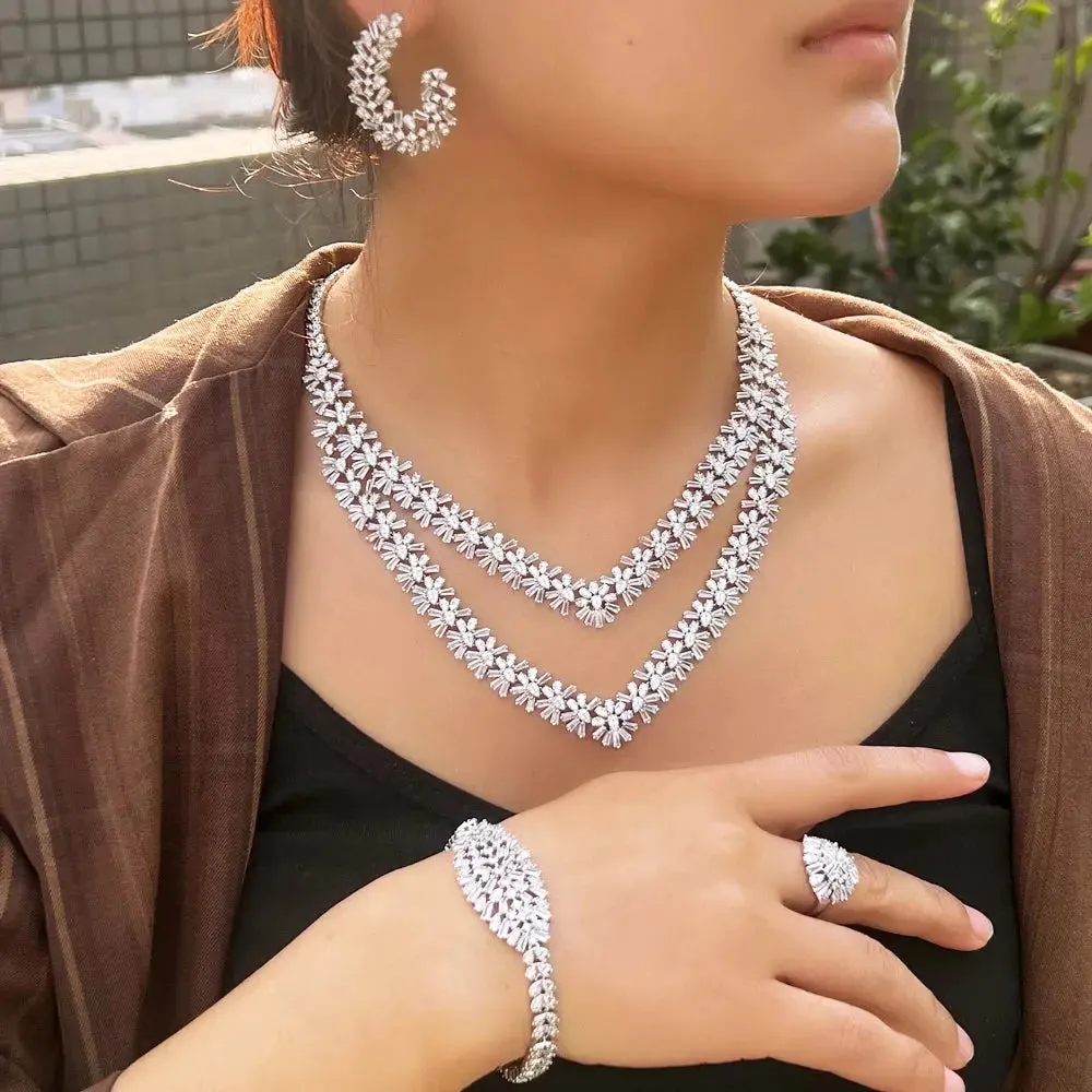 4pcs Luxury Sparkling Cubic Zirconia 2 Layered Design Flower Bridal Wedding Party Jewelry Sets for Women
