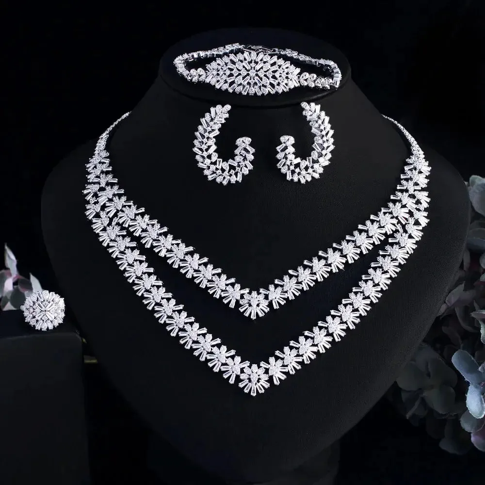 4pcs Luxury Sparkling Cubic Zirconia 2 Layered Design Flower Bridal Wedding Party Jewelry Sets for Women