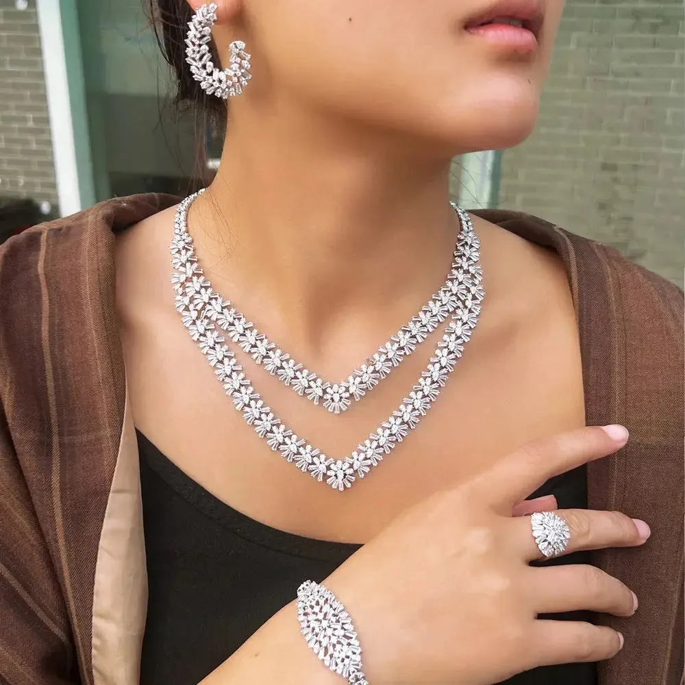 4pcs Luxury Sparkling Cubic Zirconia 2 Layered Design Flower Bridal Wedding Party Jewelry Sets for Women