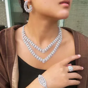 4pcs Luxury Sparkling Cubic Zirconia 2 Layered Design Flower Bridal Wedding Party Jewelry Sets for Women