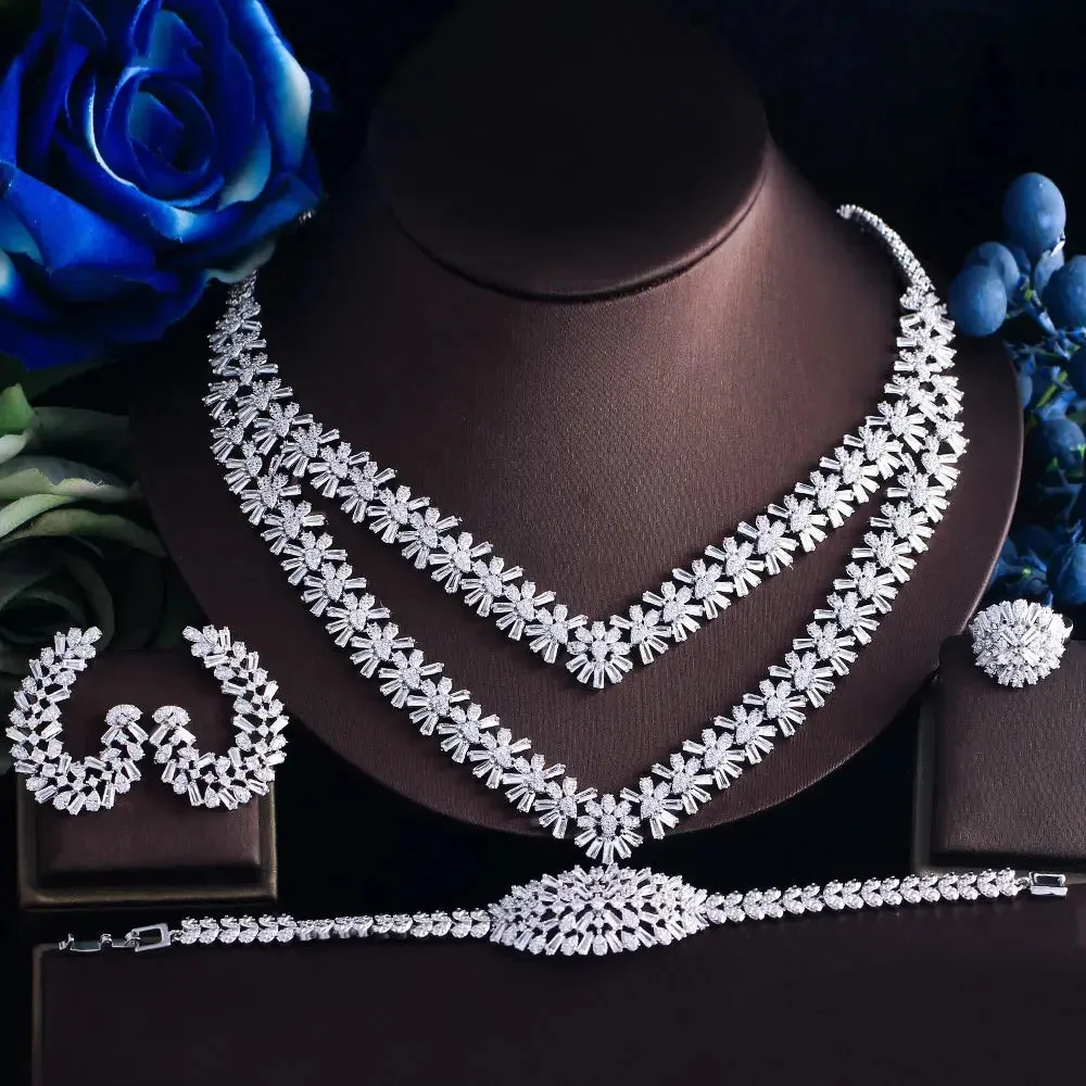 4pcs Luxury Sparkling Cubic Zirconia 2 Layered Design Flower Bridal Wedding Party Jewelry Sets for Women