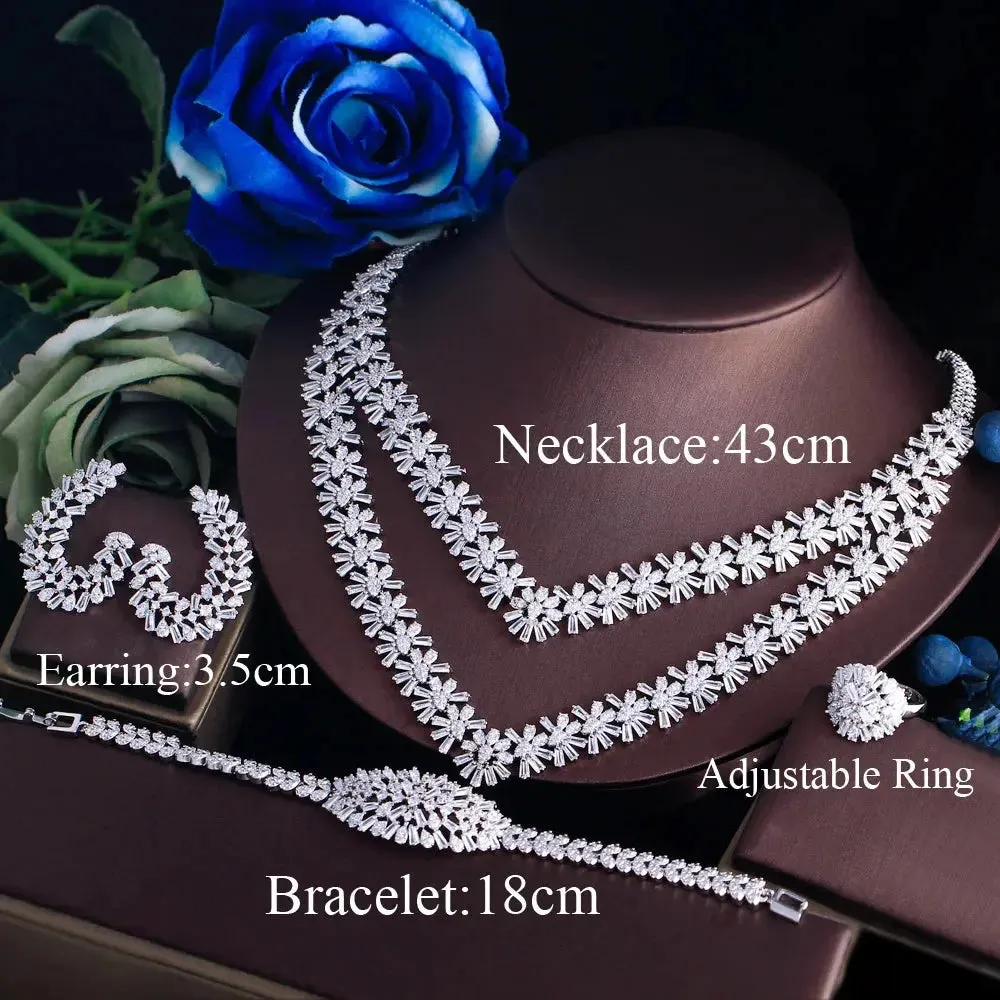 4pcs Luxury Sparkling Cubic Zirconia 2 Layered Design Flower Bridal Wedding Party Jewelry Sets for Women