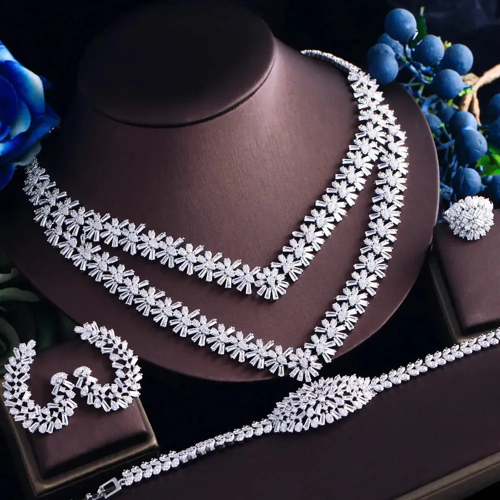 4pcs Luxury Sparkling Cubic Zirconia 2 Layered Design Flower Bridal Wedding Party Jewelry Sets for Women