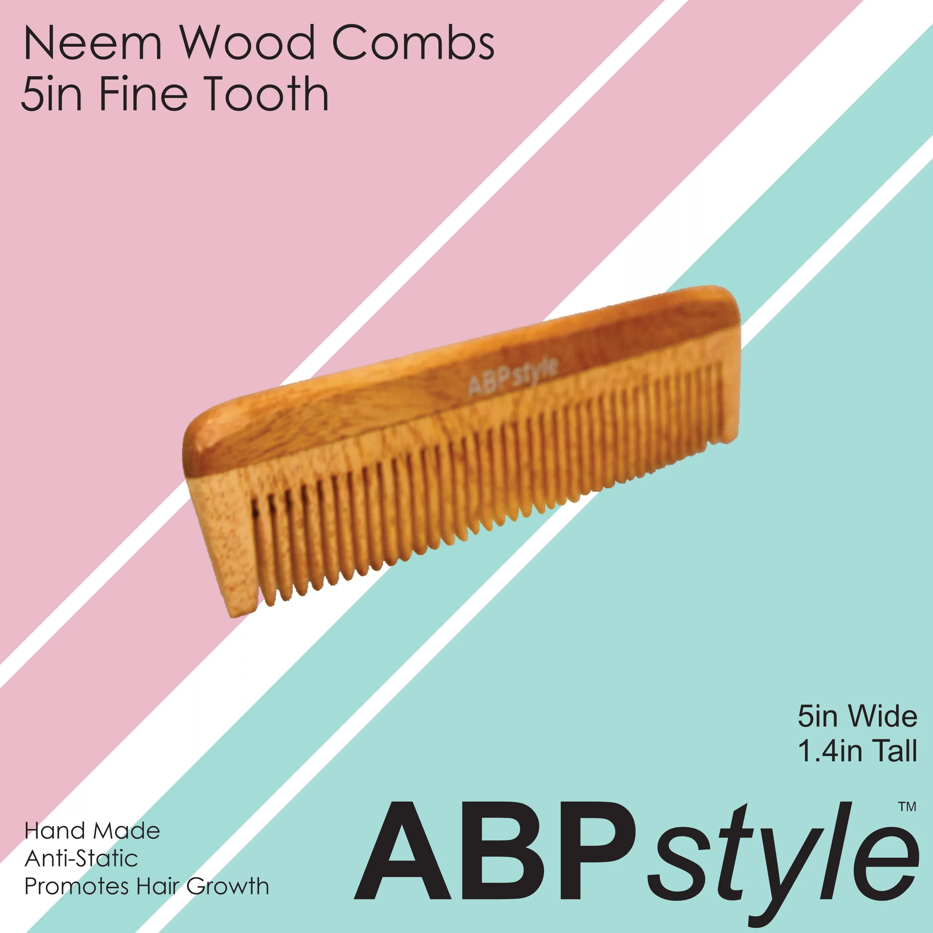 ABPStyle, 5in Neem Wood Fine Tooth Comb. Anti-Static, Damage Free, Promotes Hair Growth, Environmentally Friendly