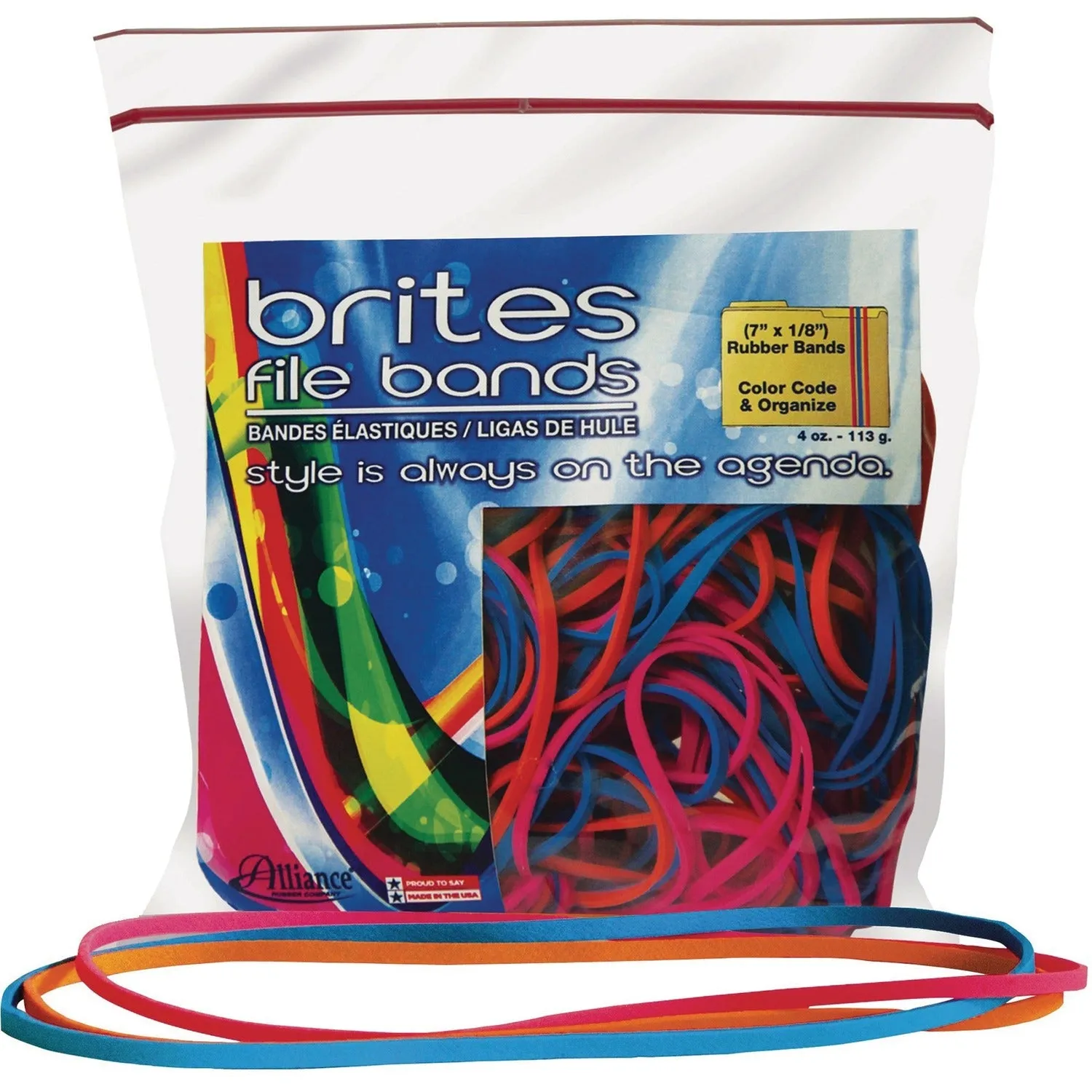 Alliance Rubber Brites 07800 File Bands - Non-Latex Colored Elastic Bands - 7" x 1/8" - 50 Pack