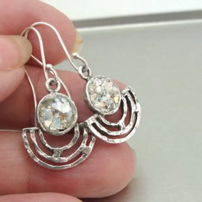 Antique Roman Glass Earrings 925 Sterling Silver Handmade Hadar Designers (as)