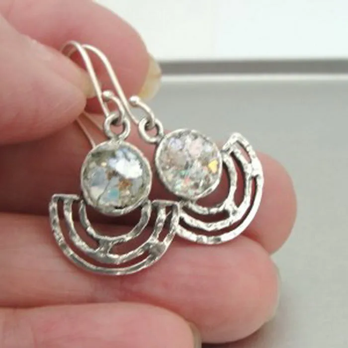 Antique Roman Glass Earrings 925 Sterling Silver Handmade Hadar Designers (as)