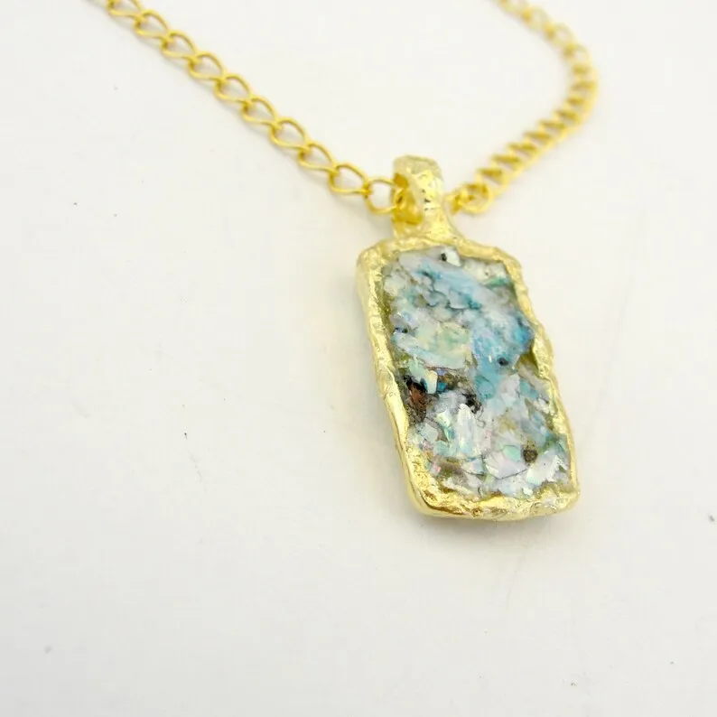 Antique Roman Glass Pendant 24k GP Sterling Silver Hadar Designers Handmade (as