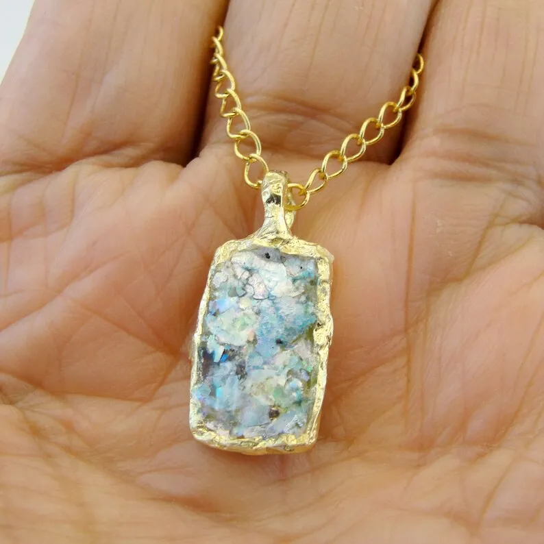 Antique Roman Glass Pendant 24k GP Sterling Silver Hadar Designers Handmade (as