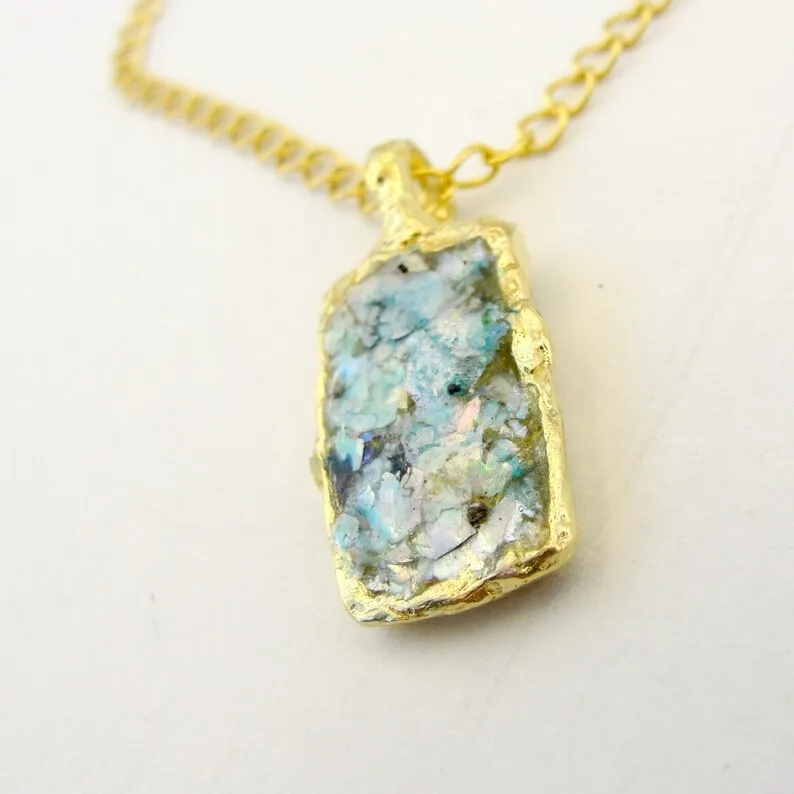 Antique Roman Glass Pendant 24k GP Sterling Silver Hadar Designers Handmade (as