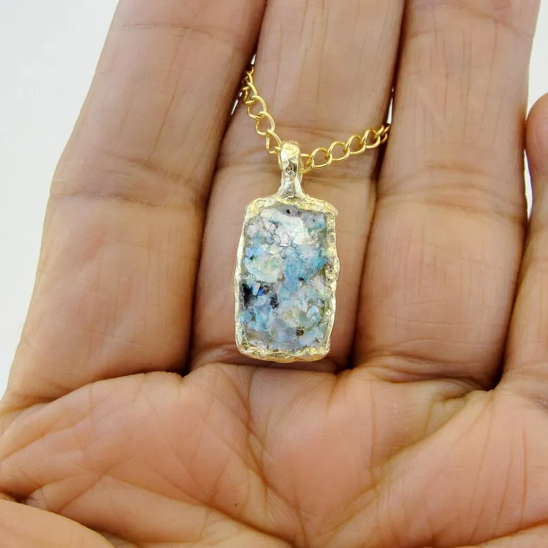Antique Roman Glass Pendant 24k GP Sterling Silver Hadar Designers Handmade (as