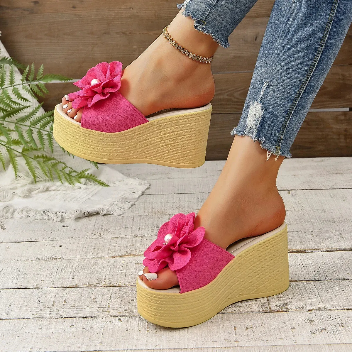 Aphixta Pearl Design Women Wedge Heels Slippers BabyPink Flower Sweet Mulers 4cm Platform Sandals Clog Shoe Slides Plus Size 43