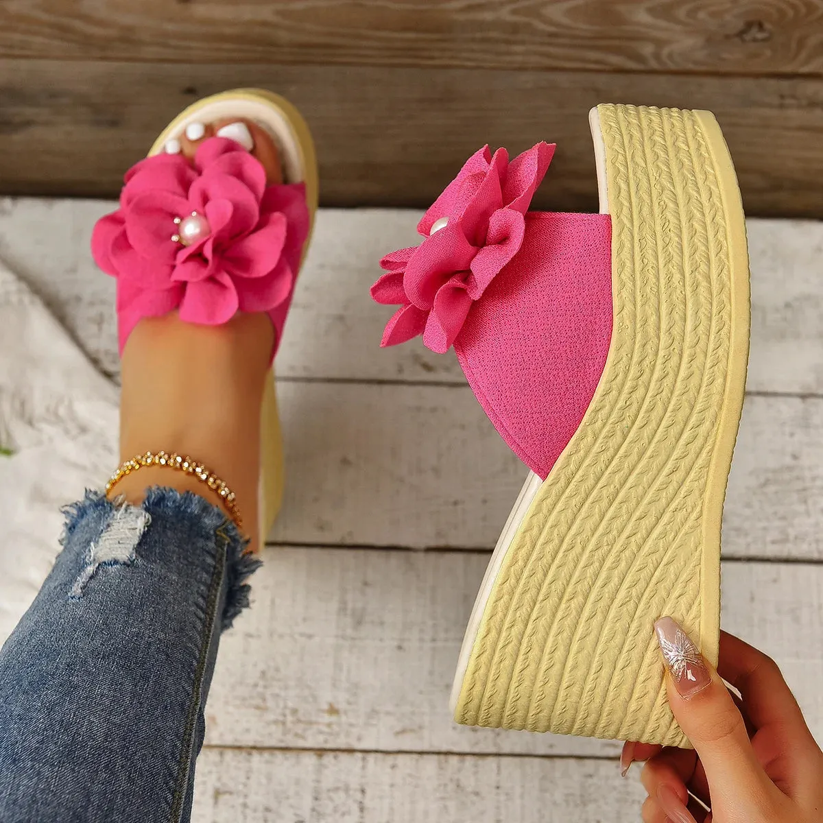 Aphixta Pearl Design Women Wedge Heels Slippers BabyPink Flower Sweet Mulers 4cm Platform Sandals Clog Shoe Slides Plus Size 43