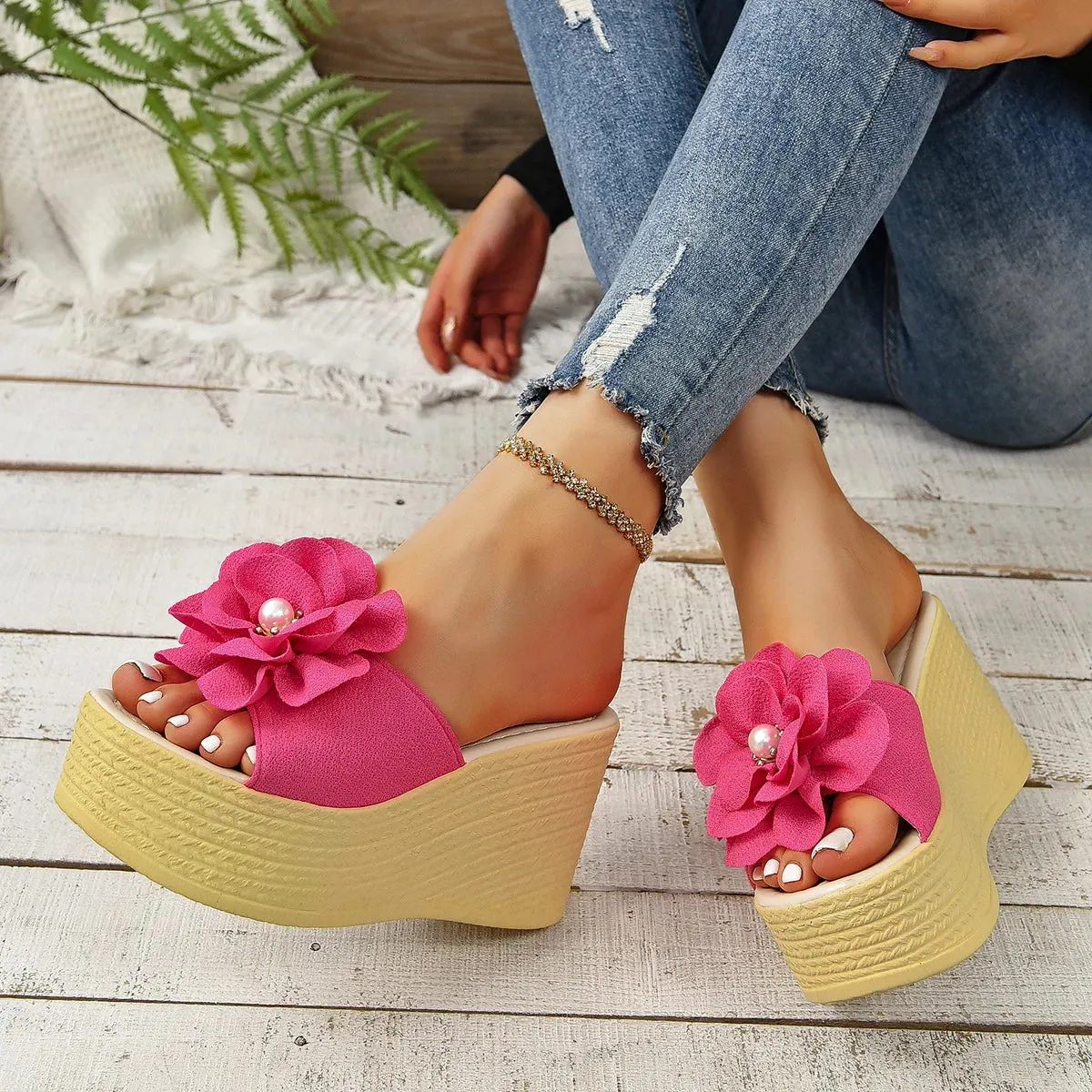Aphixta Pearl Design Women Wedge Heels Slippers BabyPink Flower Sweet Mulers 4cm Platform Sandals Clog Shoe Slides Plus Size 43