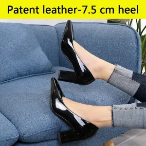 Aphixta Shoes Women Pointed Toe Pumps Sapato feminino 7.5cm High Square Heels Patent Leather Fashion Work Black Party Shoes