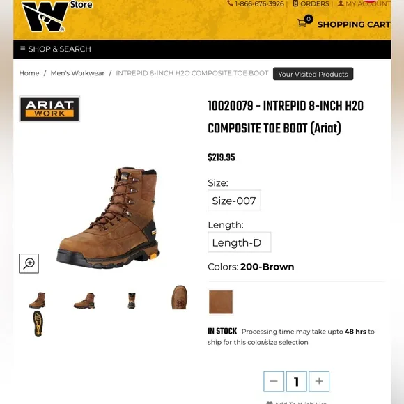 ARIAT INTREPID 8” WATERPROOF COMPOSITE TOE BOOT(10020079)Size 7 WIDE