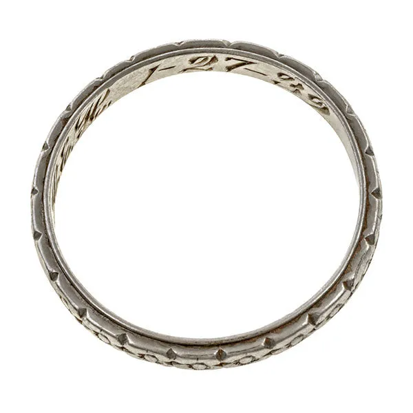 Art Deco Patterned Wedding Band, Platinum, "1-27-39", Size 5 1/4