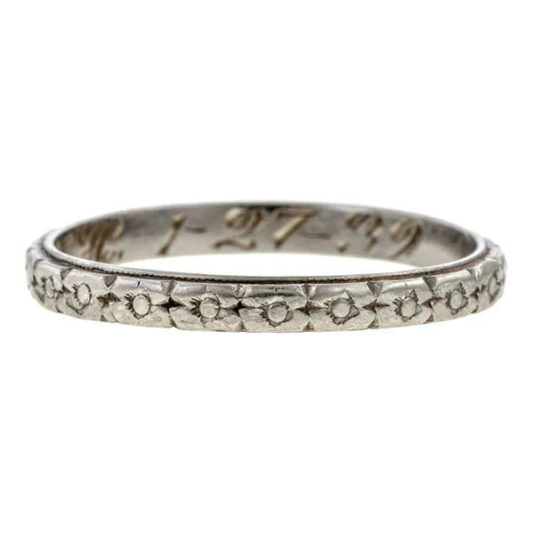 Art Deco Patterned Wedding Band, Platinum, "1-27-39", Size 5 1/4