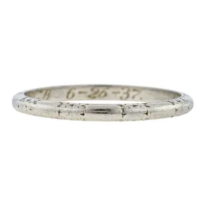 Art Deco Patterned Wedding Band Ring, Platinum, "6-26-37", Size 6 3/4