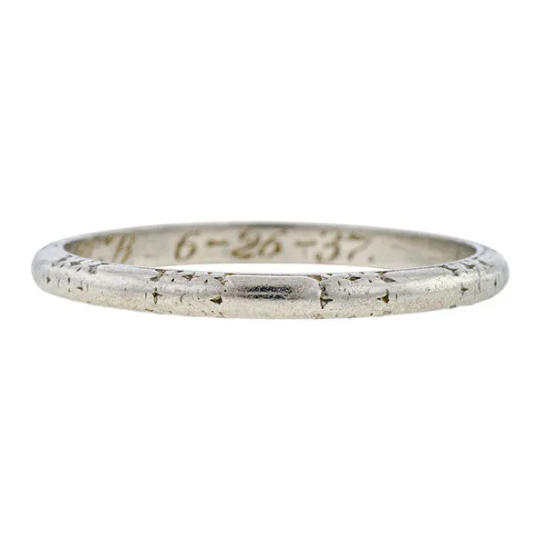 Art Deco Patterned Wedding Band Ring, Platinum, "6-26-37", Size 6 3/4