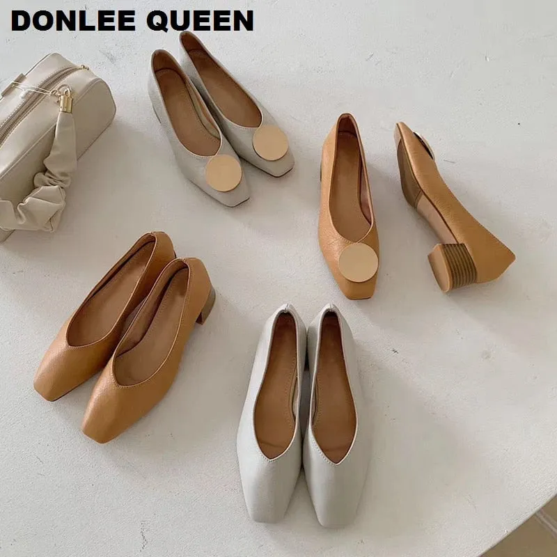 Autumn Fashion Wooden Heels Pumps Shoes Women Low Heel Boat Shoes Slip On Shallow Loafers Female Office Work Shoes Zapatos Mujer