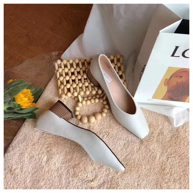 Autumn Fashion Wooden Heels Pumps Shoes Women Low Heel Boat Shoes Slip On Shallow Loafers Female Office Work Shoes Zapatos Mujer