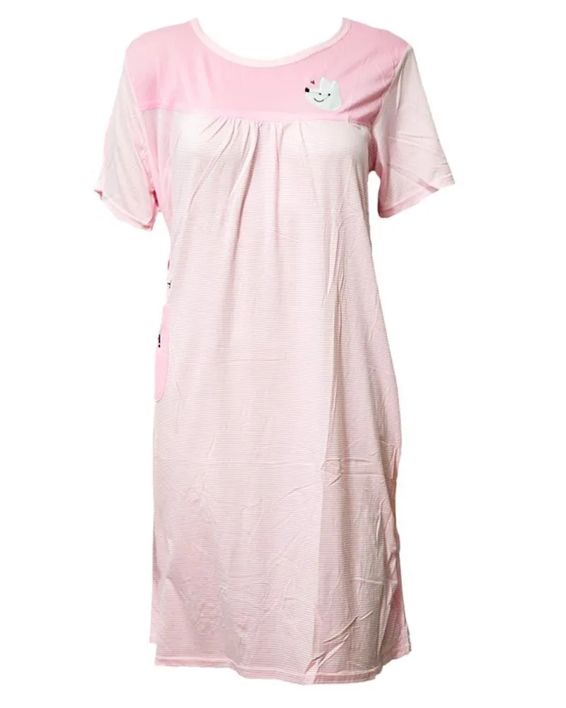 Baby Pink Long Nighty Plained & Side Pocket  101 -  Women Nightdress