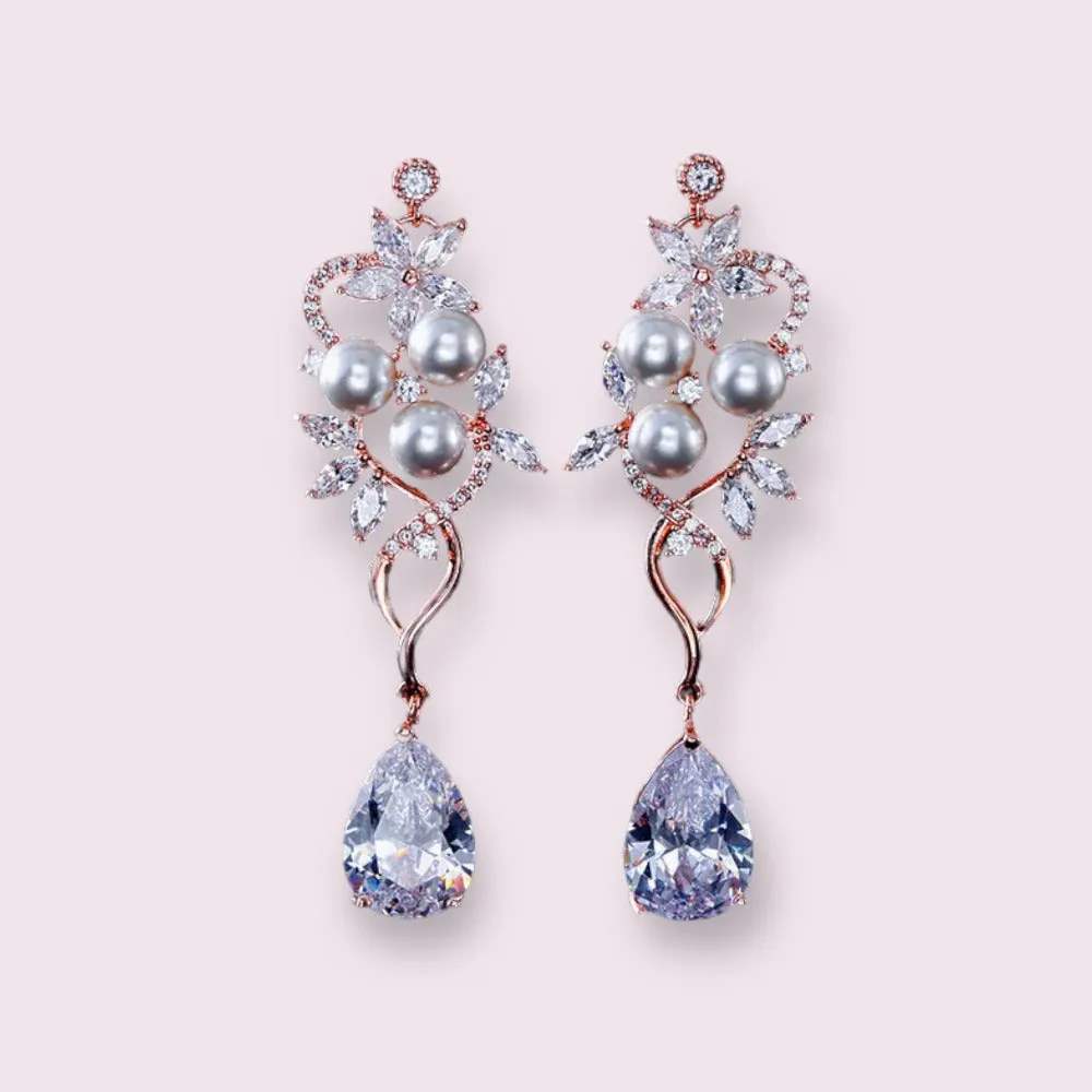 BEST SELLER - Pearl Silver Floral Cubic Zirconia Drop Bridal Earrings, Wedding Earrings