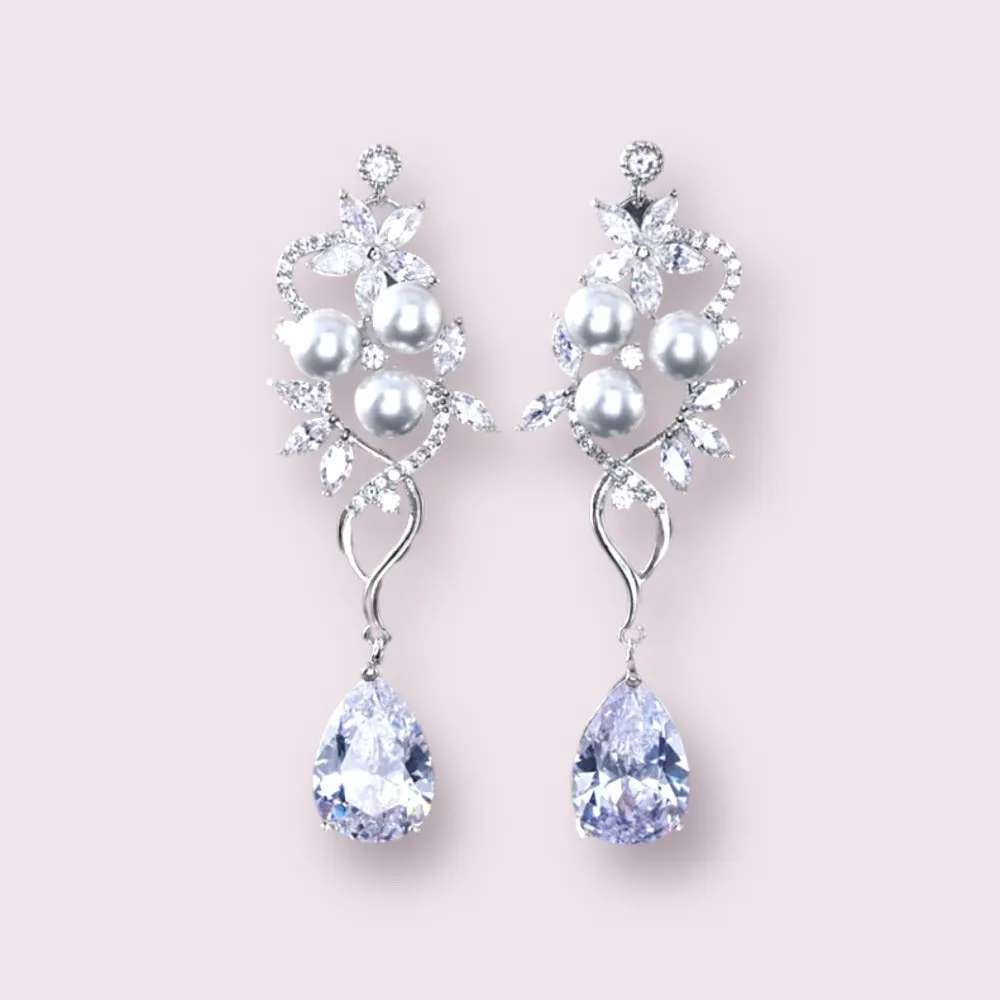 BEST SELLER - Pearl Silver Floral Cubic Zirconia Drop Bridal Earrings, Wedding Earrings