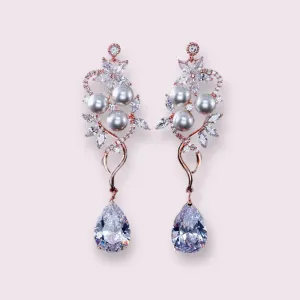 BEST SELLER - Pearl Silver Floral Cubic Zirconia Drop Bridal Earrings, Wedding Earrings