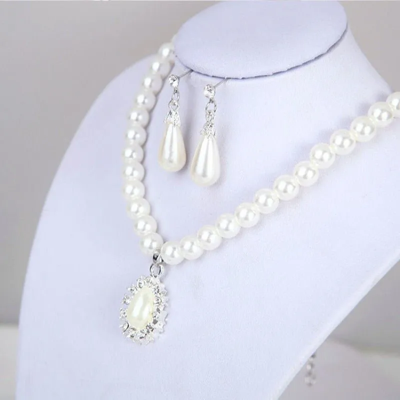 Big Pearl Bridal Jewelry Set Silver Teardrop Earrings Necklace For Women