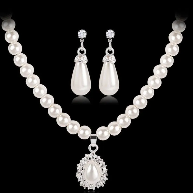 Big Pearl Bridal Jewelry Set Silver Teardrop Earrings Necklace For Women