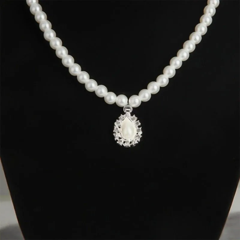 Big Pearl Bridal Jewelry Set Silver Teardrop Earrings Necklace For Women