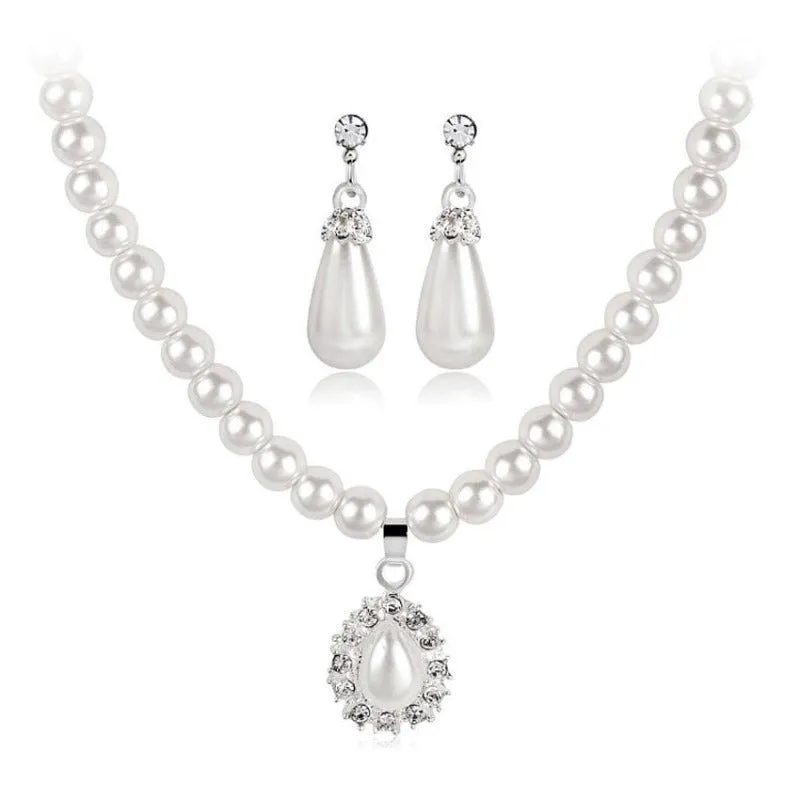 Big Pearl Bridal Jewelry Set Silver Teardrop Earrings Necklace For Women