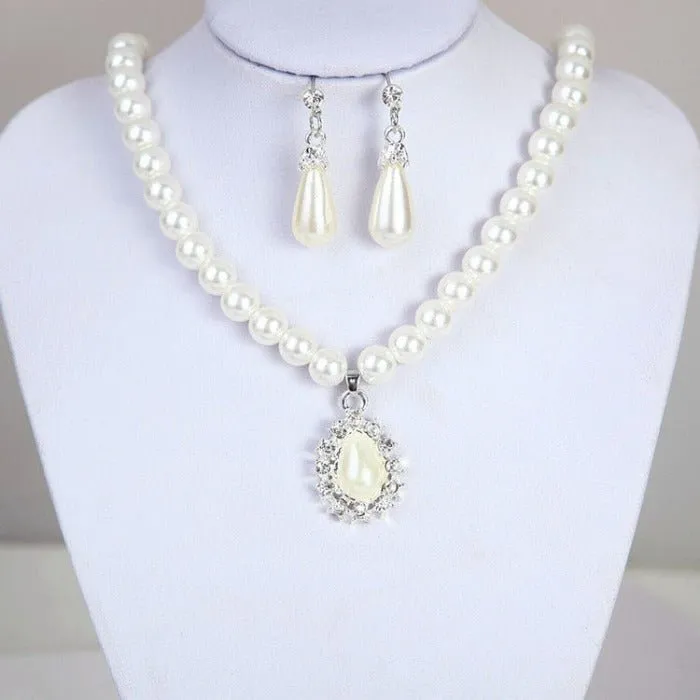 Big Pearl Bridal Jewelry Set Silver Teardrop Earrings Necklace For Women