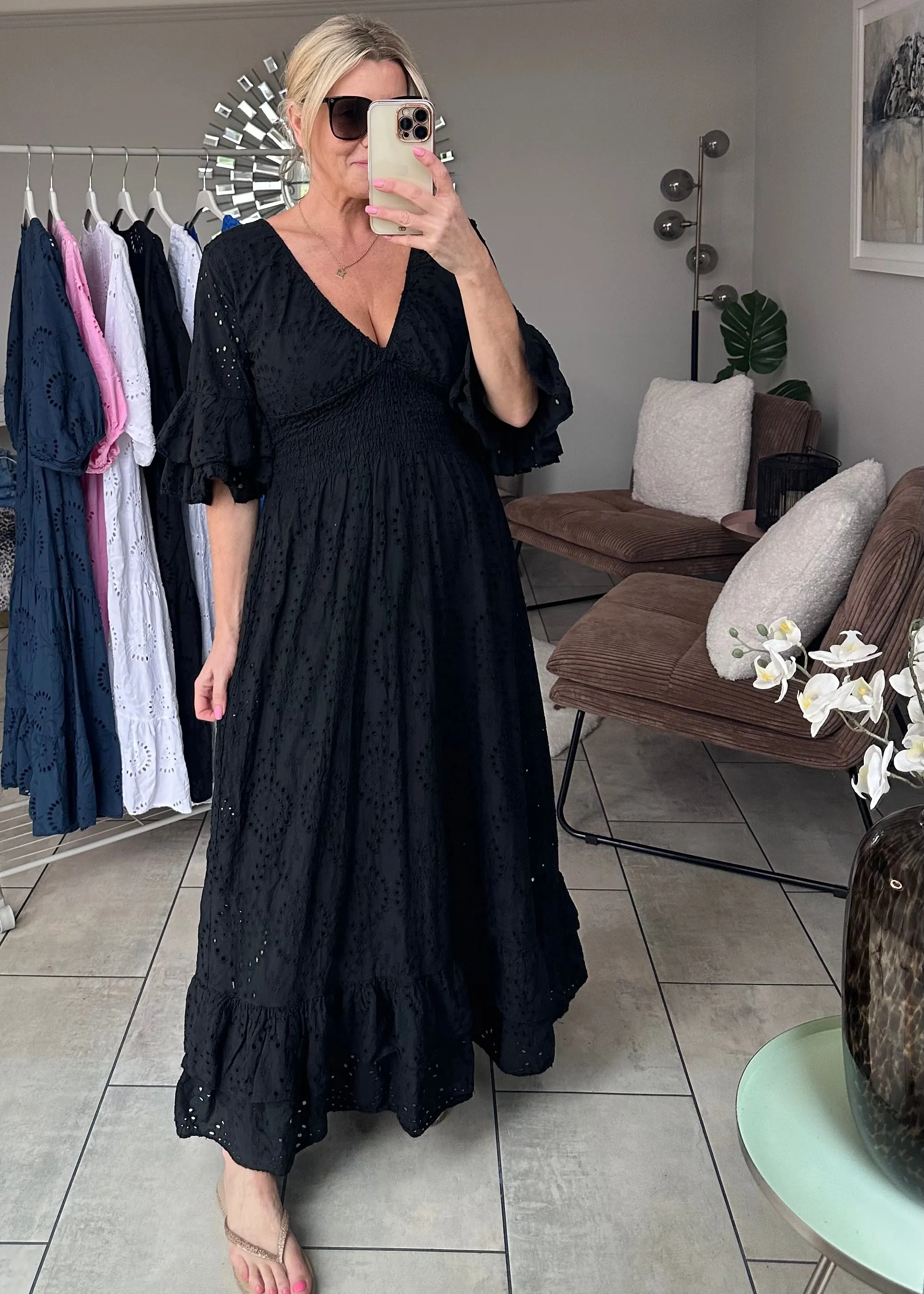 Black Broderie Anglaise Frill Sleeve Dress