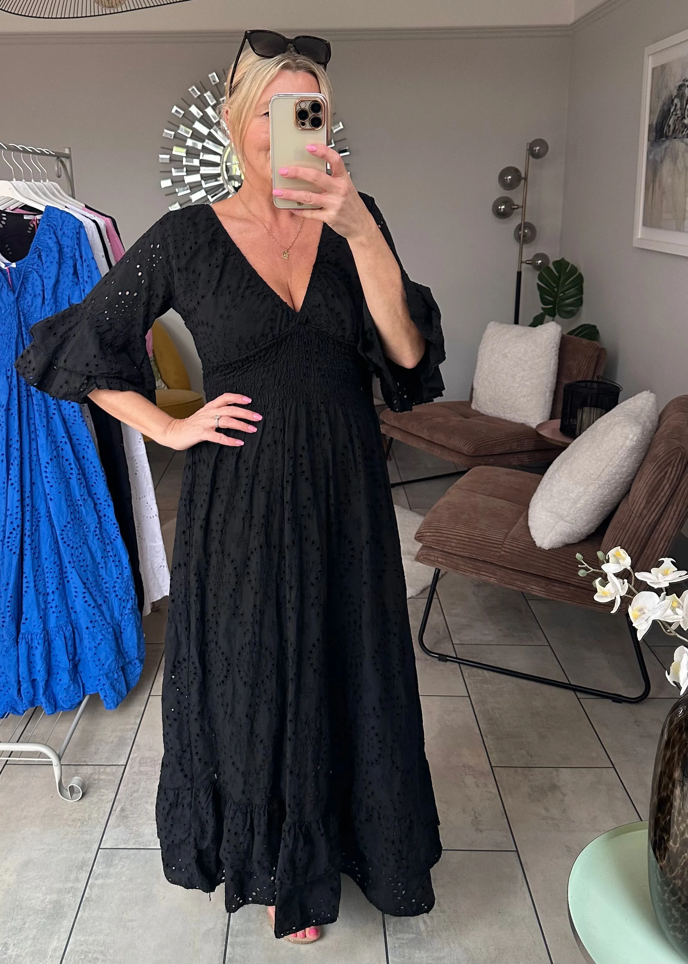 Black Broderie Anglaise Frill Sleeve Dress