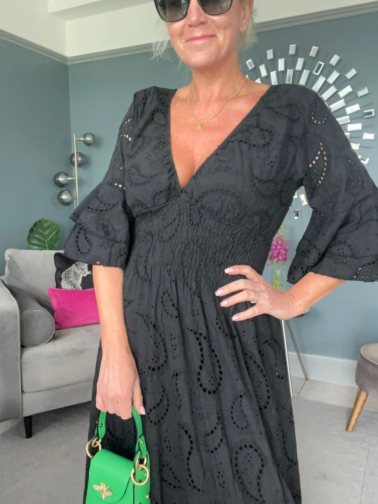Black Broderie Anglaise Frill Sleeve Dress
