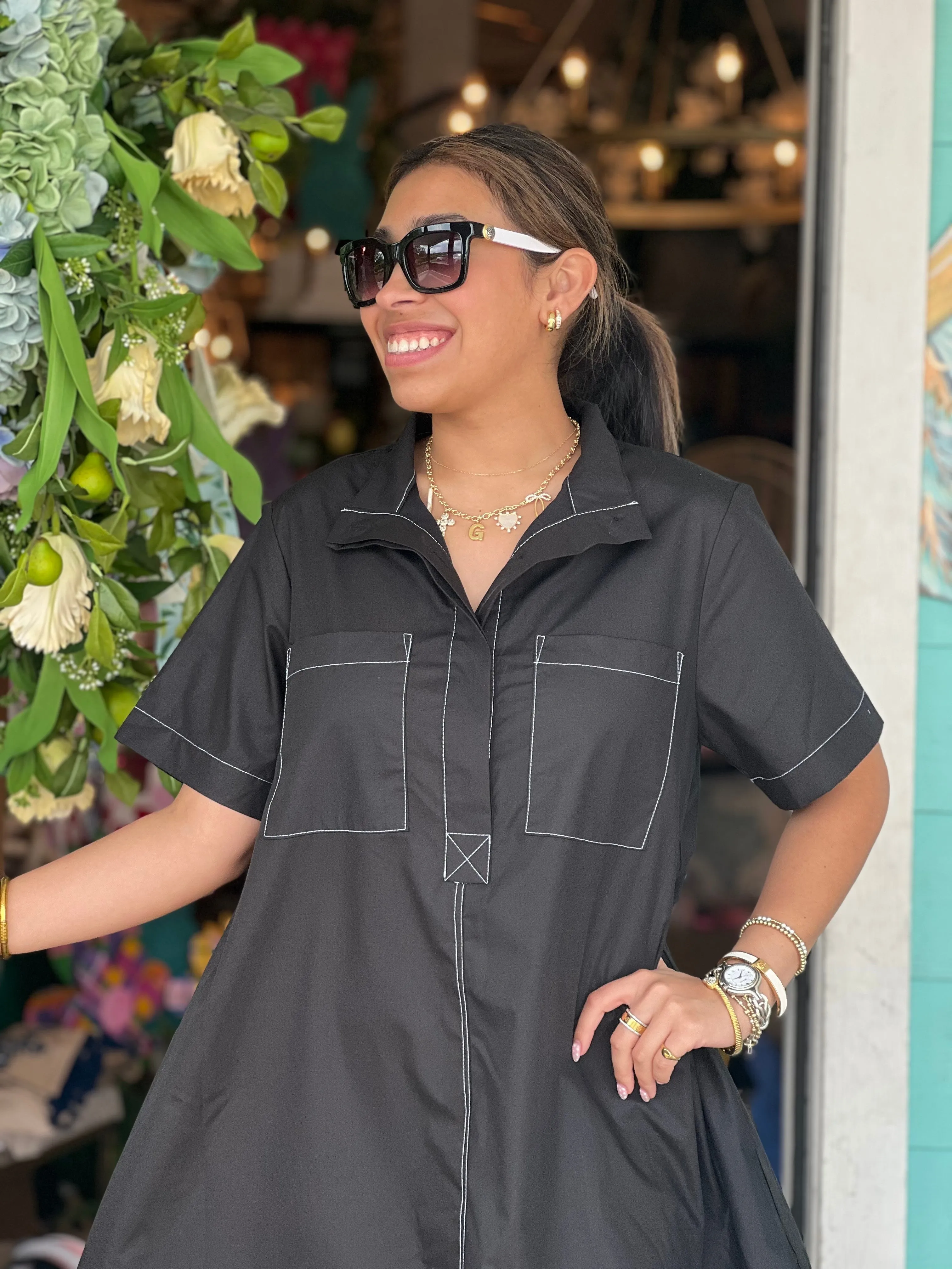 Black Contrast Stitch Detail Dress