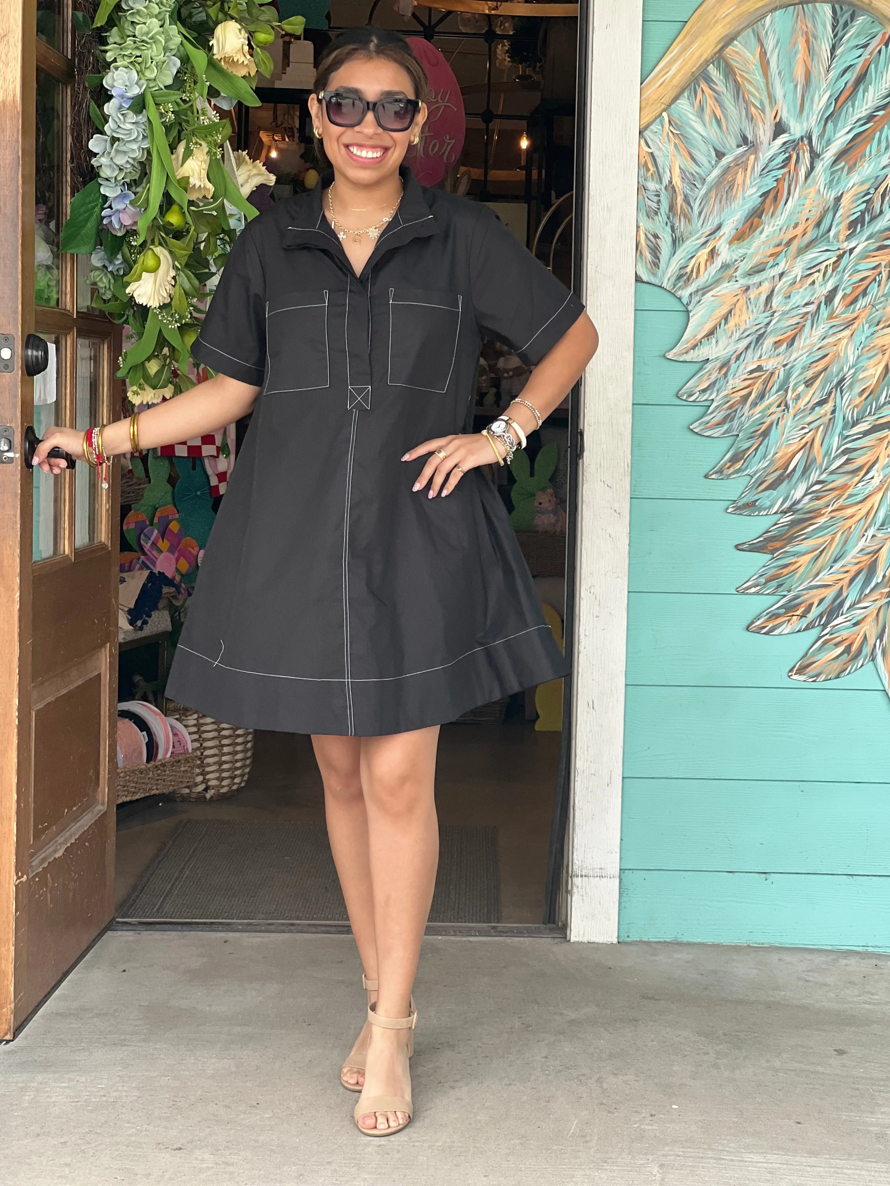 Black Contrast Stitch Detail Dress